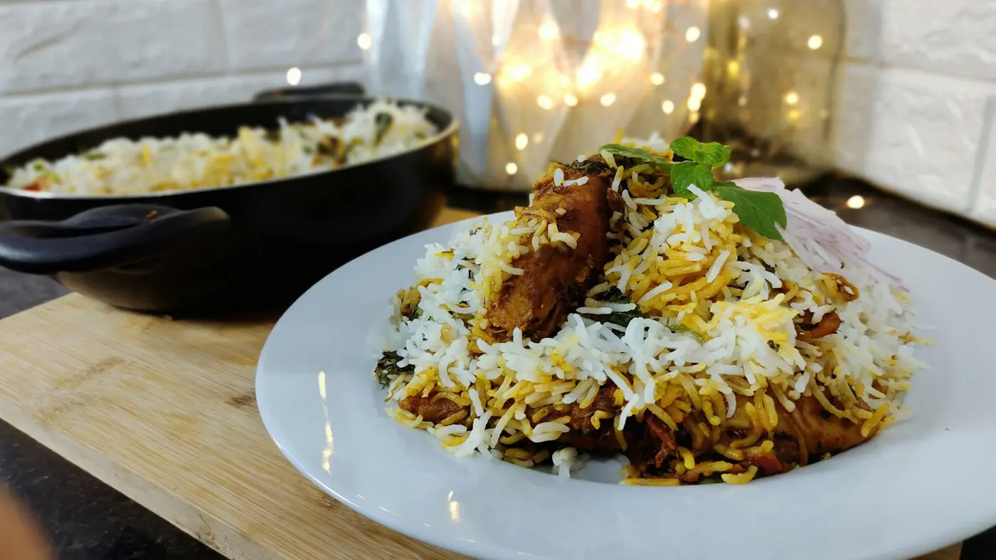 Plate of biryani at a restaurant