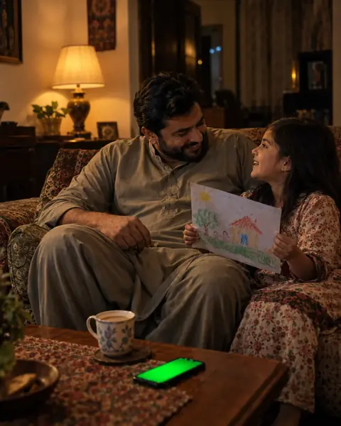 Business owner laughing with his daughter at home while his phone handles customers