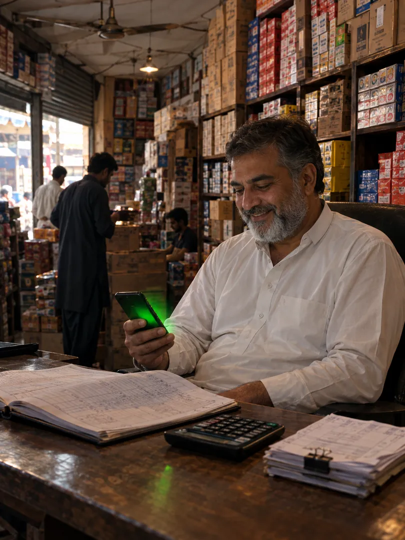 Shop owner smiling at his phone as a late payment comes in